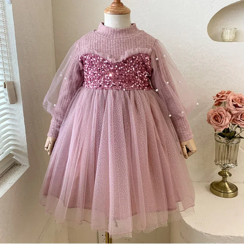 

Girls Autumn Winter Children Birthday Fashion Gown Korean Dresses for Baby Kids Velvet Lined Sequin Princess Dress