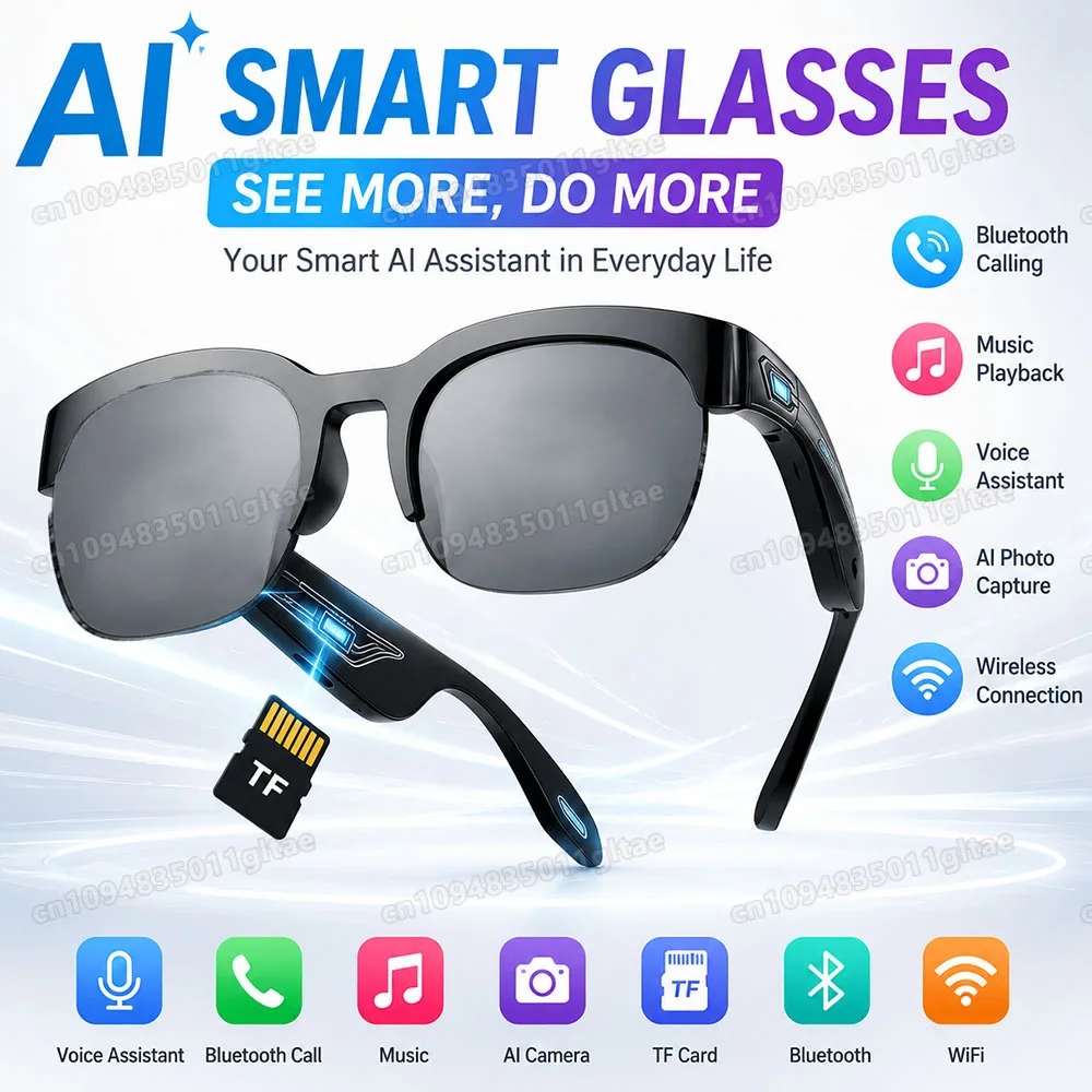 New AI Real-TimeTranslation Conversation Smart Glasses Bone-Conduction Music Playing Insert Cards 8K Bluetooth Smart Sunglass