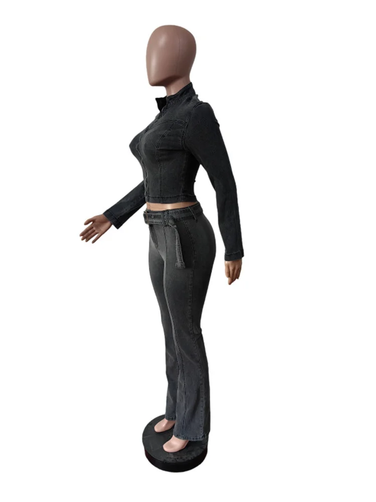 Estranho gato estiramento denim conjunto de 2 peças feminino vintage zip jaqueta + cinto calças combinando magro casual punk outono streetwear outfits