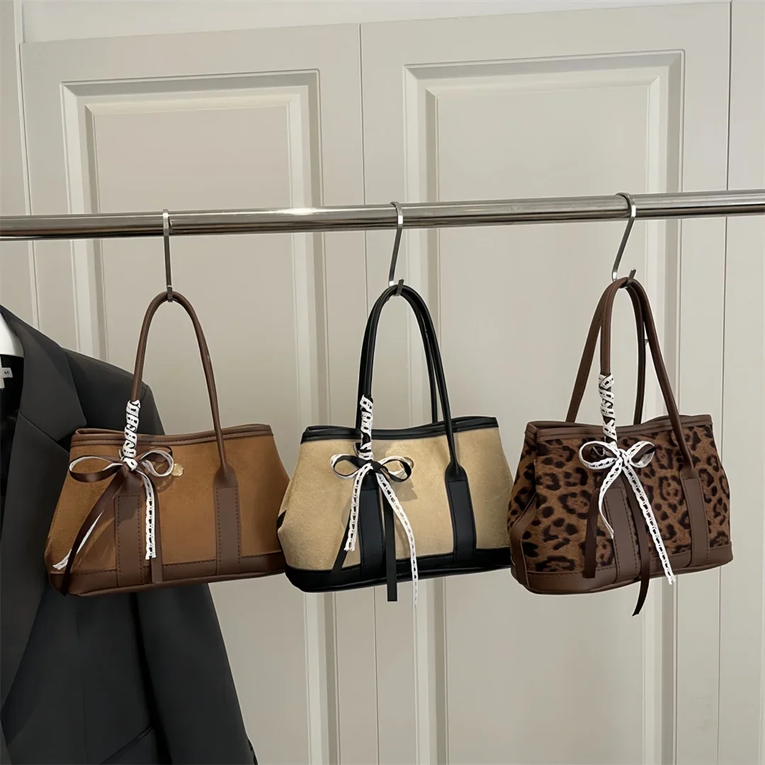 2026 Vintage Patchwork Handbag Lace Bow Decor Leopard Tote Bag Strap Crossbody Bag Magnetic Snap Casual Daily Commute Purse