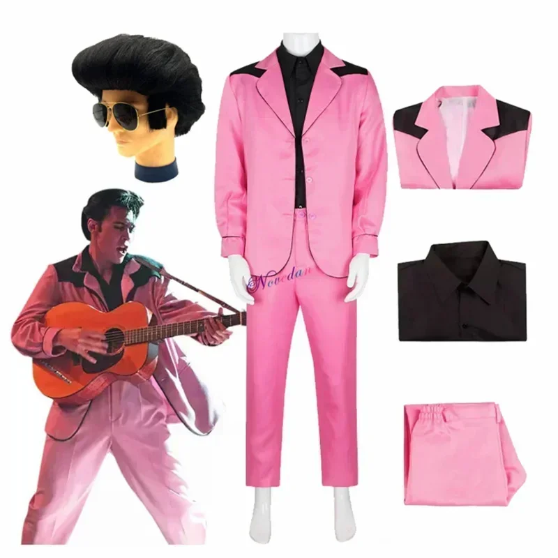 

movie Presley costume jacket pink suit outfit men fashion idol Halloween carnival cosplay clothing wig