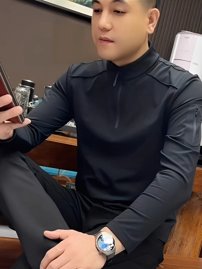 

Men's Faionable Casual Long Sve Fce Lined T-irt Stand Collar All-Match Trendy Sle Autumn Winter New Arrival