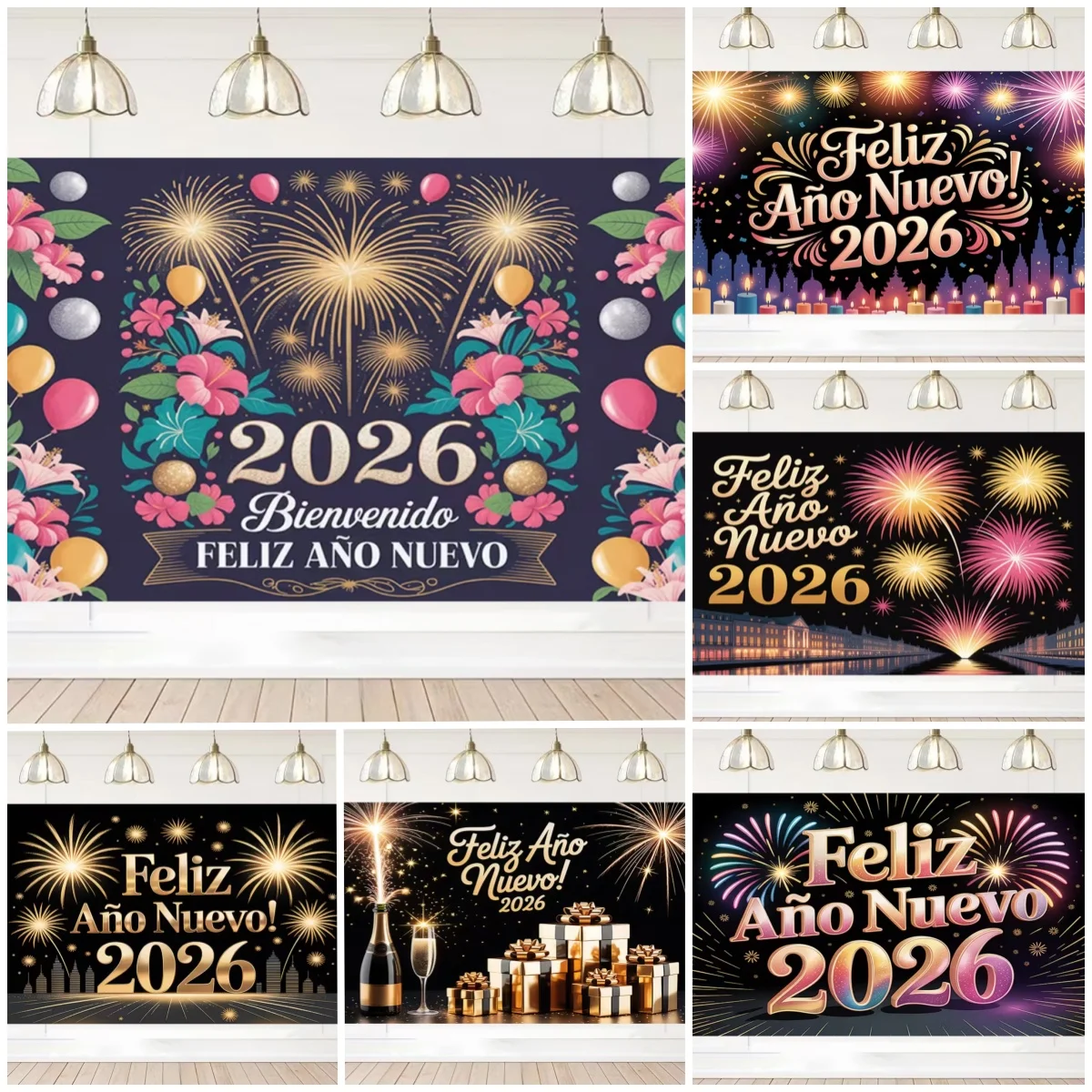 

2026 Spain Happy New Year Theme Party Decoration Backdrop Firework Champagne Background Black Golden Balloon Photography Props