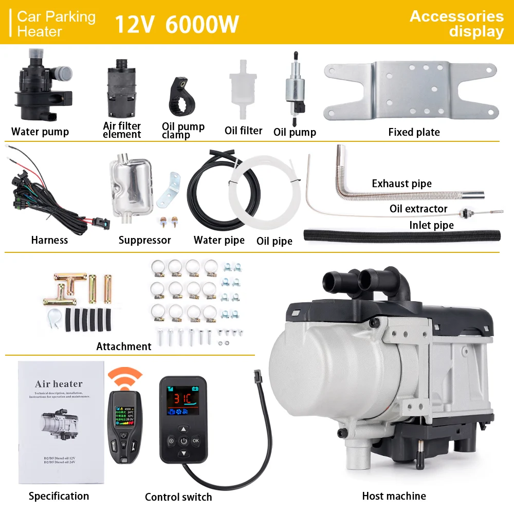 Universal 12V Gasoline Air Heater with Wireless Remote Control LCD Monitor and Water Plumbing for Motor Diesel Gasoline