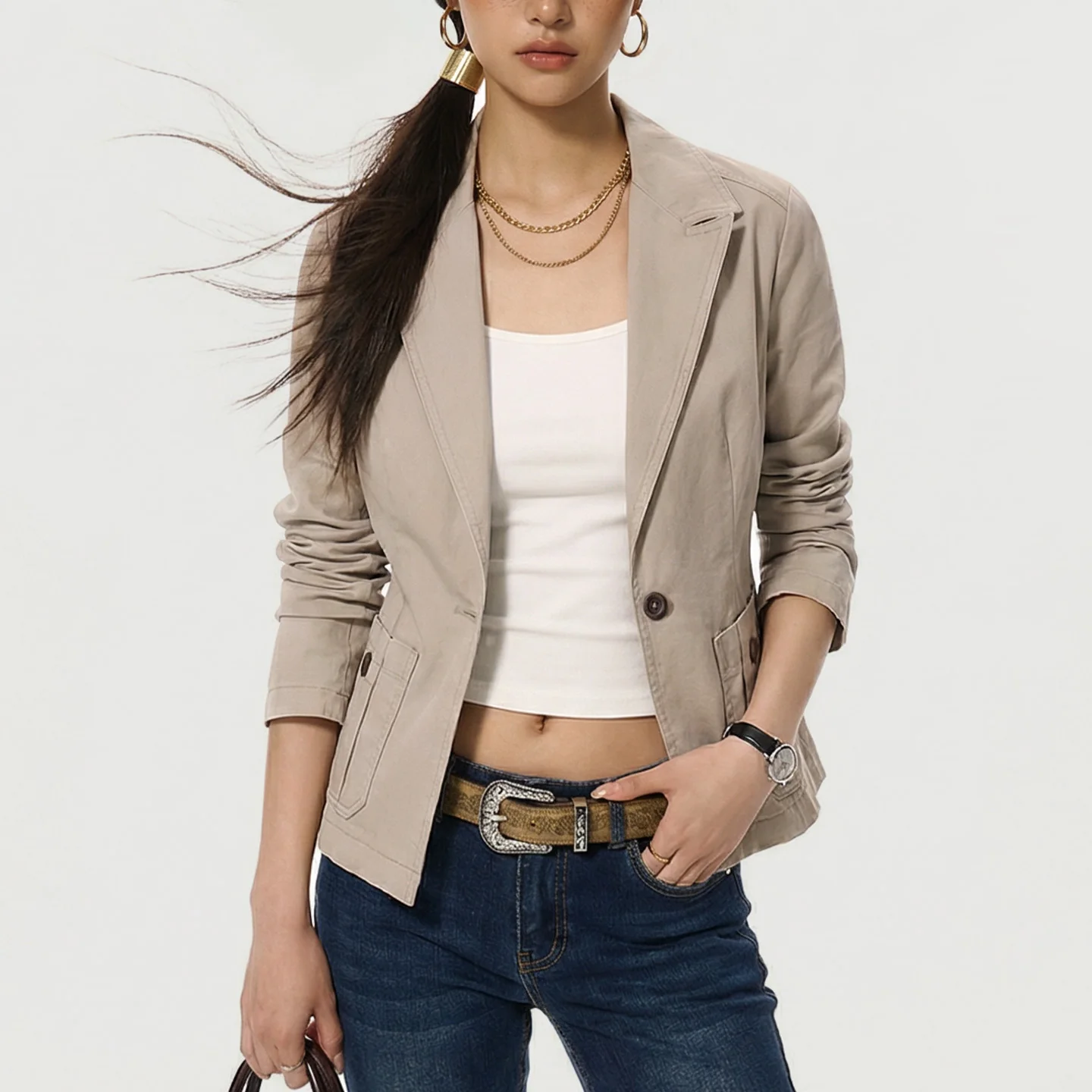 Maden Women's Cotton Vintage Blazer Jacket Peaked Lapel Slim Khaki Short Spring Single-button Coat For Casual Commuting Office