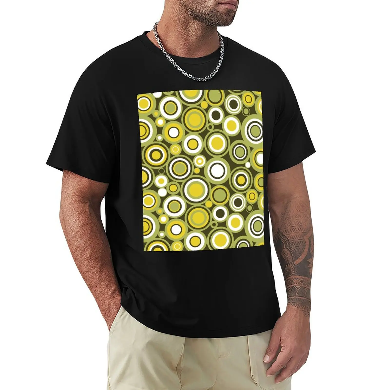 

Зеленая, желтая и белая футболка с круглым ретро-узором, корейская модная мужская одежда, мужская одежда