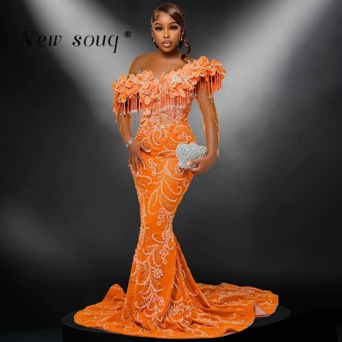 Nigerian Black Women Orange Mermaid Prom Dresses Crystals Beading Sheer Long Sleeves Asoebi Wedding Evening Party Gowns