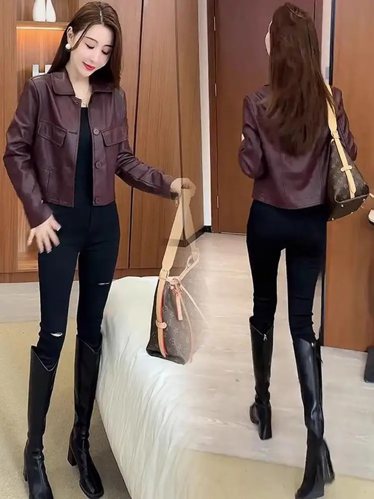 เสื้อโค้ทผู้หญิงทรงหลวม ผ้าหนัง PU  แบบติดกระดุม  คอปก  สำหรับคนตัวเล็ก  รุ่นใหม่  ฤดูใบไม้ร่วง