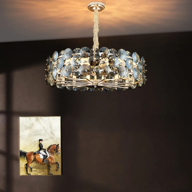 New Modern Chandelier Lighting For Living Room Smoke gray Crystal Lamps Round Chains Chandeliers Home Decoration Light Fixtures