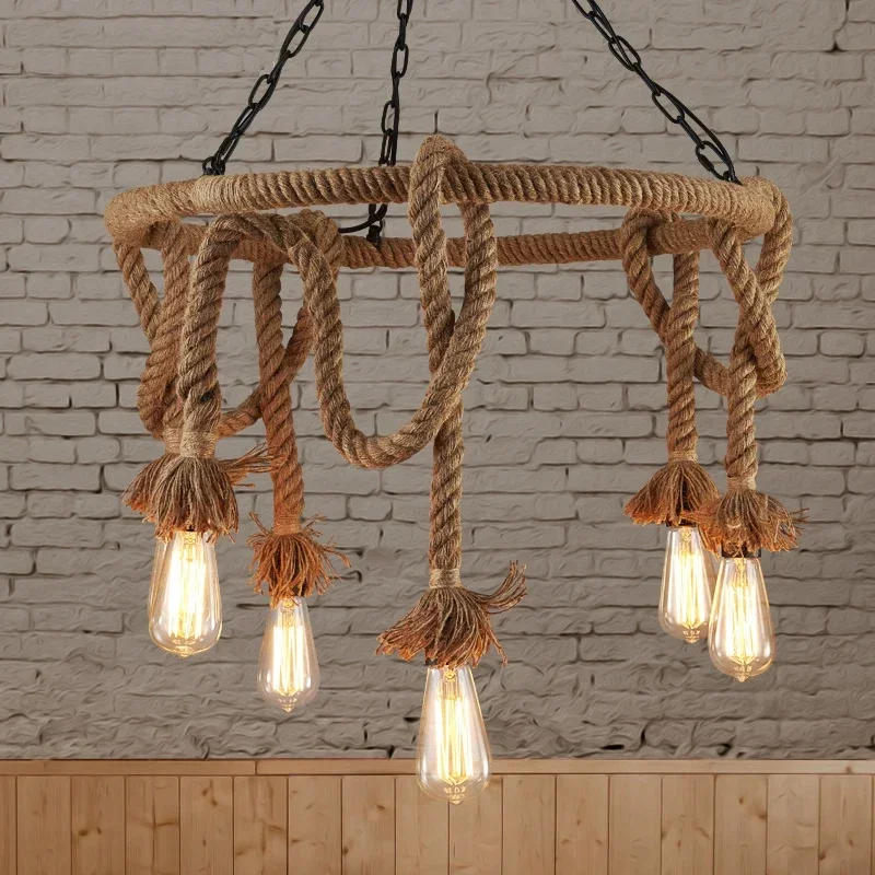 Loft Vintage Rural wheel Pendant Lights Hemp Rope Bamboo Iron Cage  Hand Knitted Lighting Fixtures Restaurant Dining