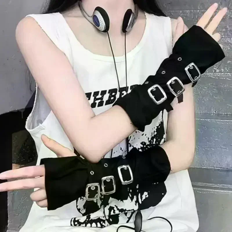

Черные перчатки без пальцев в готическом стиле в стиле панк с заклепками и нарукавником-манжетой в стиле хип-хоп, модный аксессуар для косплея для мужчин