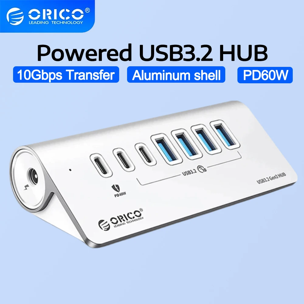 

ORICO USB 3.2 HUB SuperSpeed 10 Гбит/с с поддержкой PD60W, зарядное устройство, 4/7 портов Type-C, алюминиевый корпус, с адаптером питания для MacBook и ПК