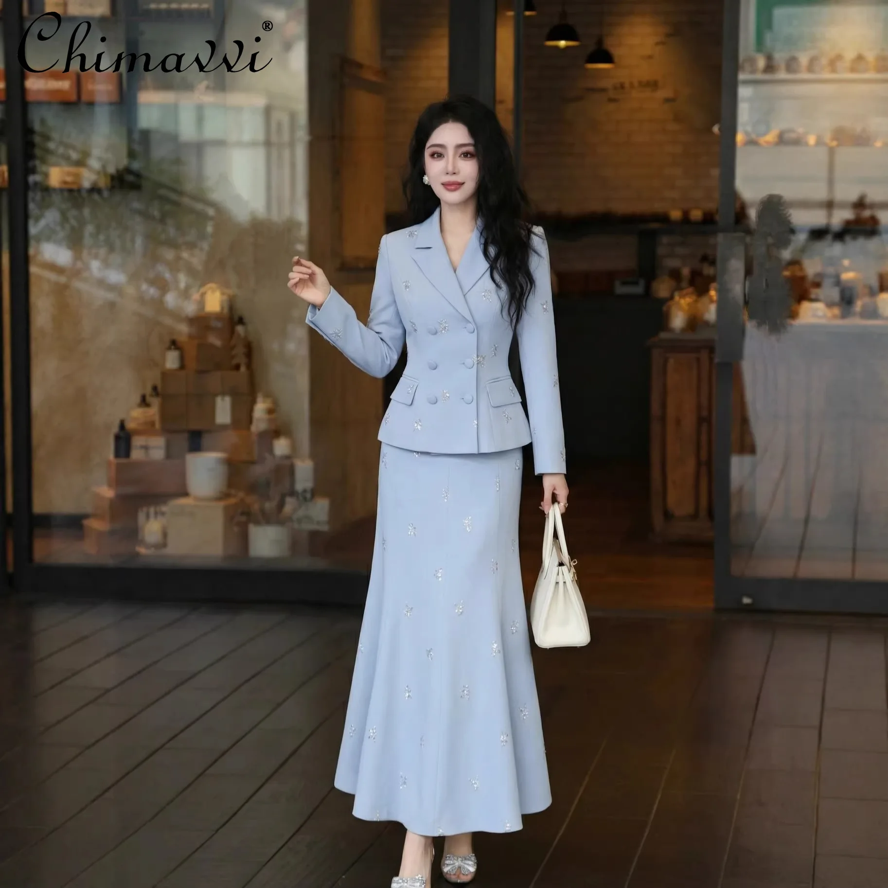 

French Luxury Heavy Jacquard Embroidered Sequin Mermaid Dress Set Women's Spring Autumn Romantic Chic Workwear Two-piece Outfit