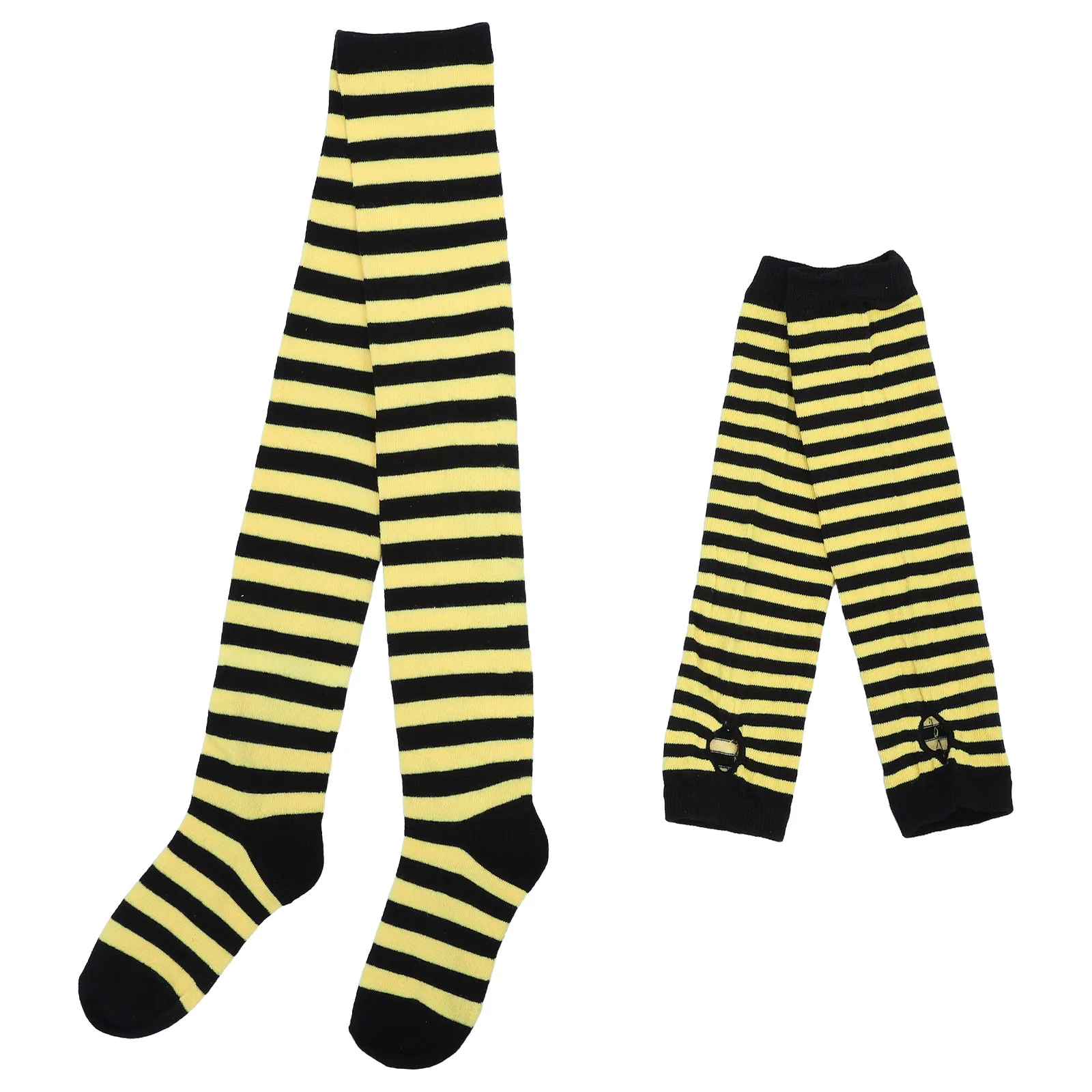 1 juego de calentadores de brazos a rayas negras y amarillas, calcetines altos hasta el muslo, accesorios para disfraces de Halloween, calcetines largos para cosplay, guantes sin dedos.