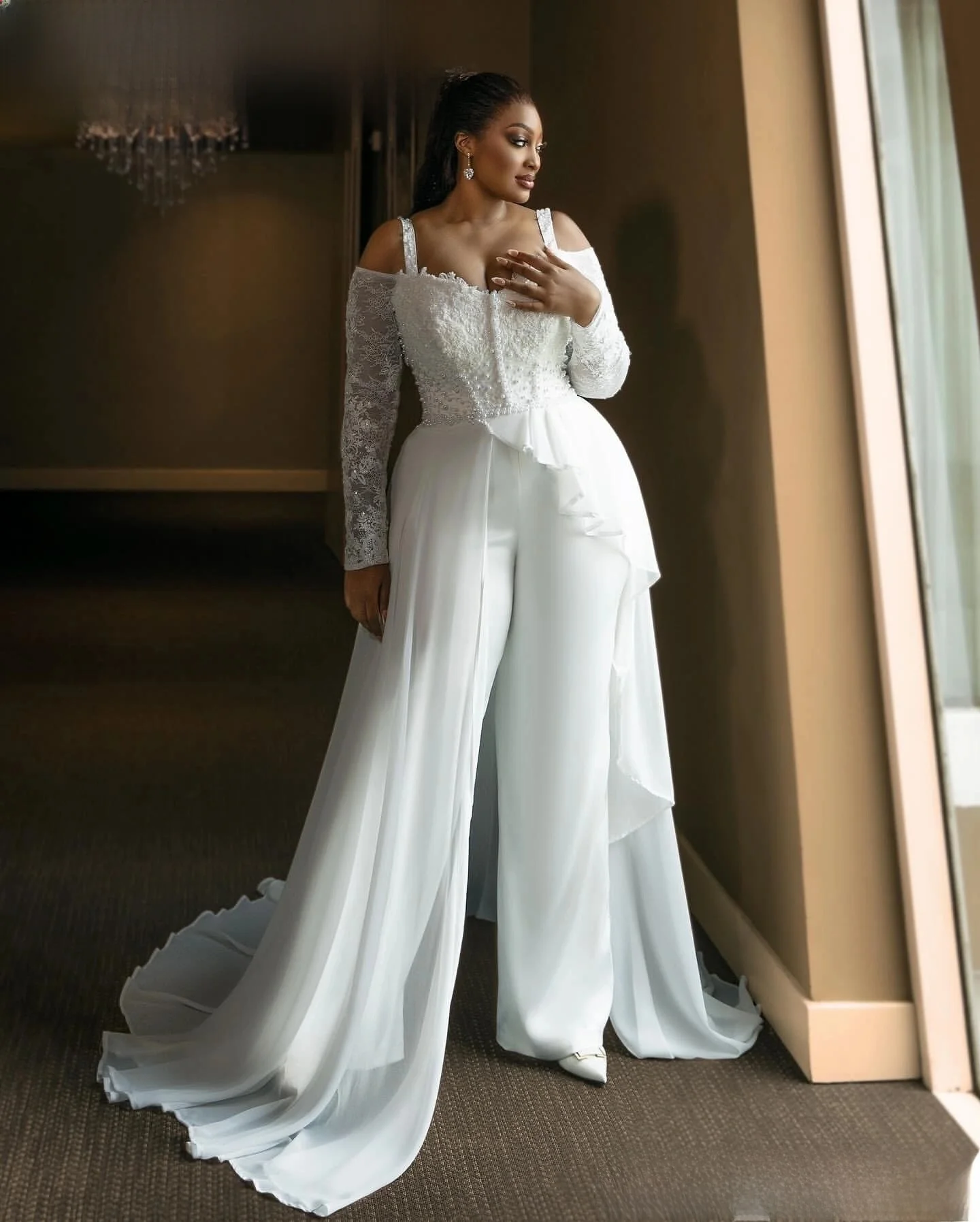Customized Spaghetti Strap  Sparkly Lace Pearls Africa Wedding Dress Robe De Mariée Plus Size Long Sleeves Jumpsuit  Bridal Gown