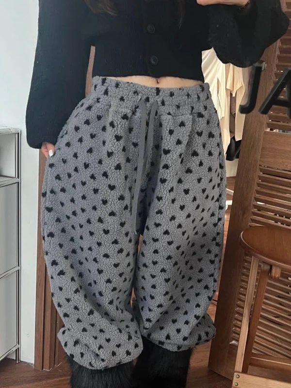 

Women's Fce Lined Straight Leg Pants Elastic Waist Thiened Warm Heart Patterned Casual Trousers Korean Sle Cotton Blend