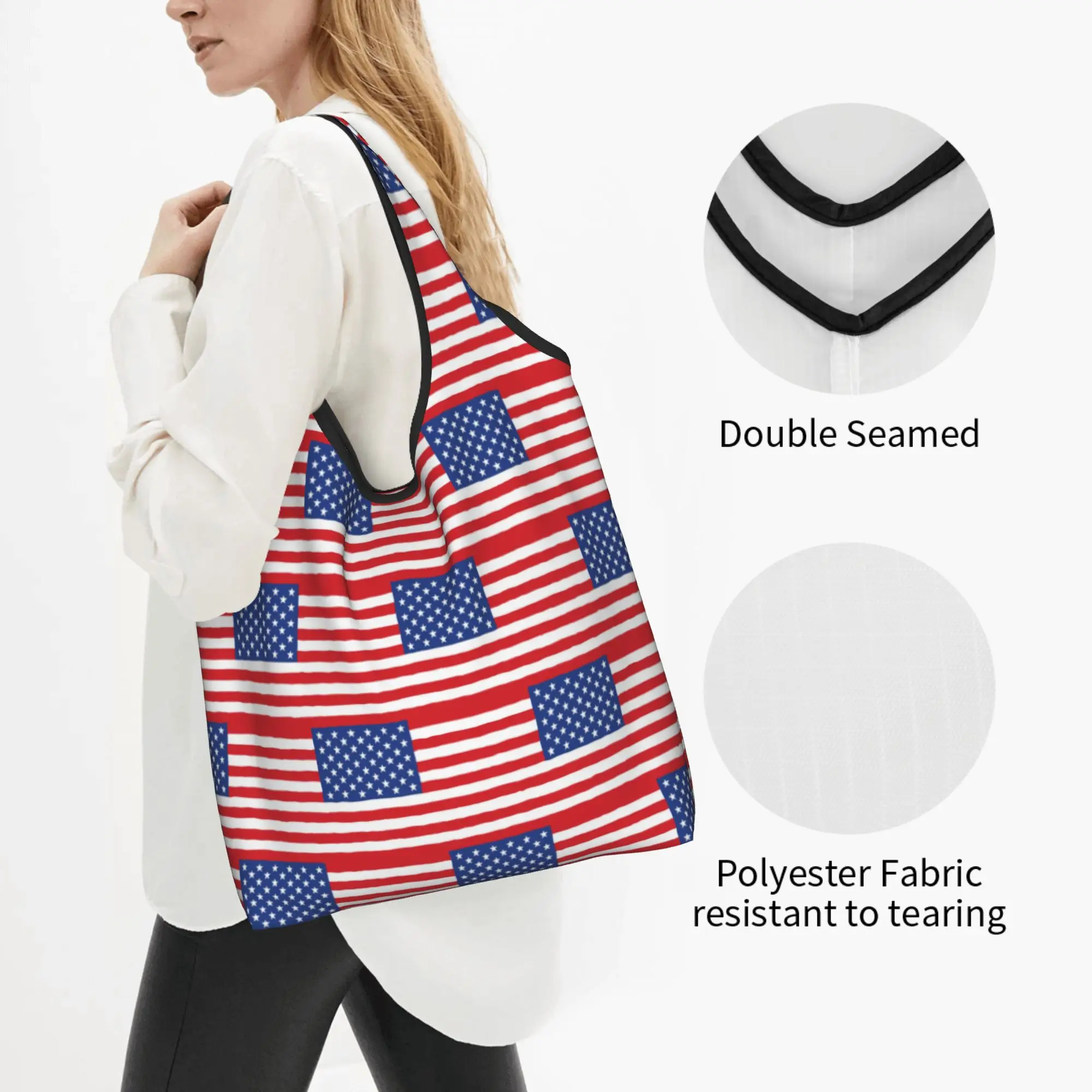 Custom USA American Flag Shopping Bag Women Portable Big Capacity Groceries United States US Stars Tote Shopper Bags