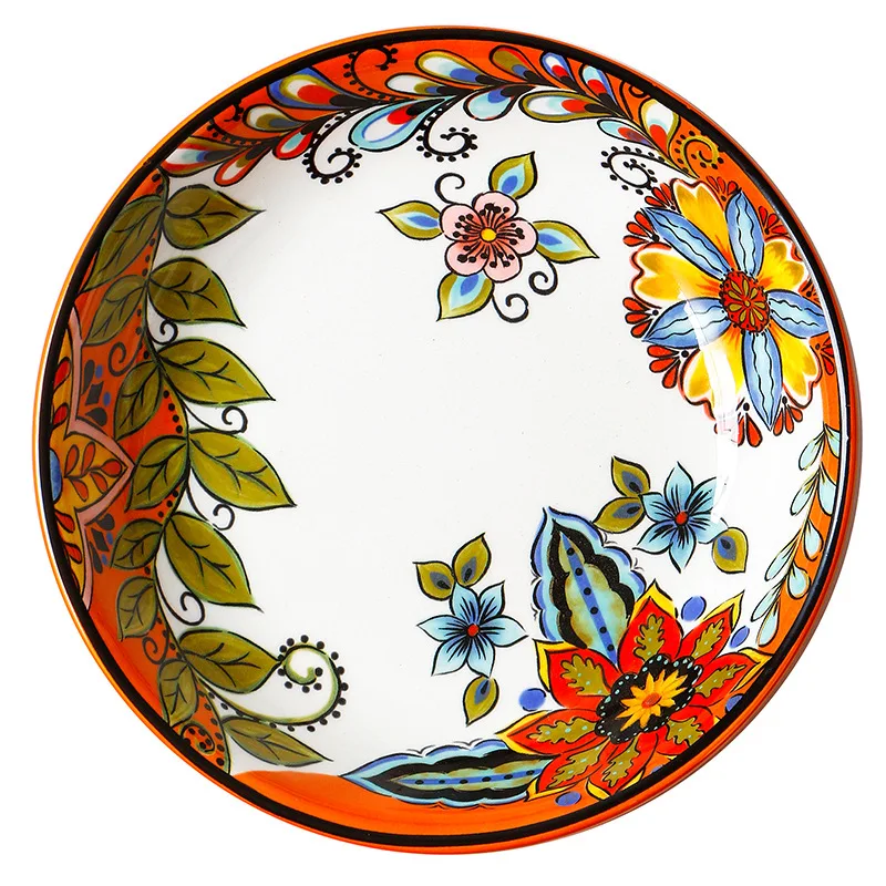 American Salad Plate Hand-painted Round Ceramic Deep Platter Home Rustic Flower Tableware Ramen Corn Eight-inch Soup Dish