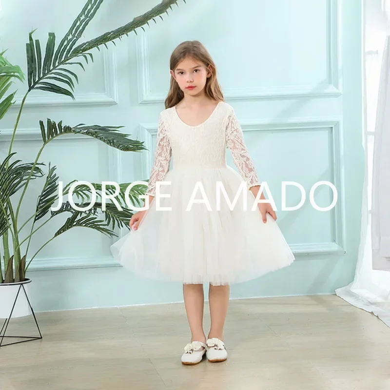 Neue Sommer-Partykleider für Kinder, Mädchen, weiß, beige, Spitze, lange Ärmel, rückenfrei, knielang, Prinzessinnenkleid, Hochzeitskleidung, E17127-2