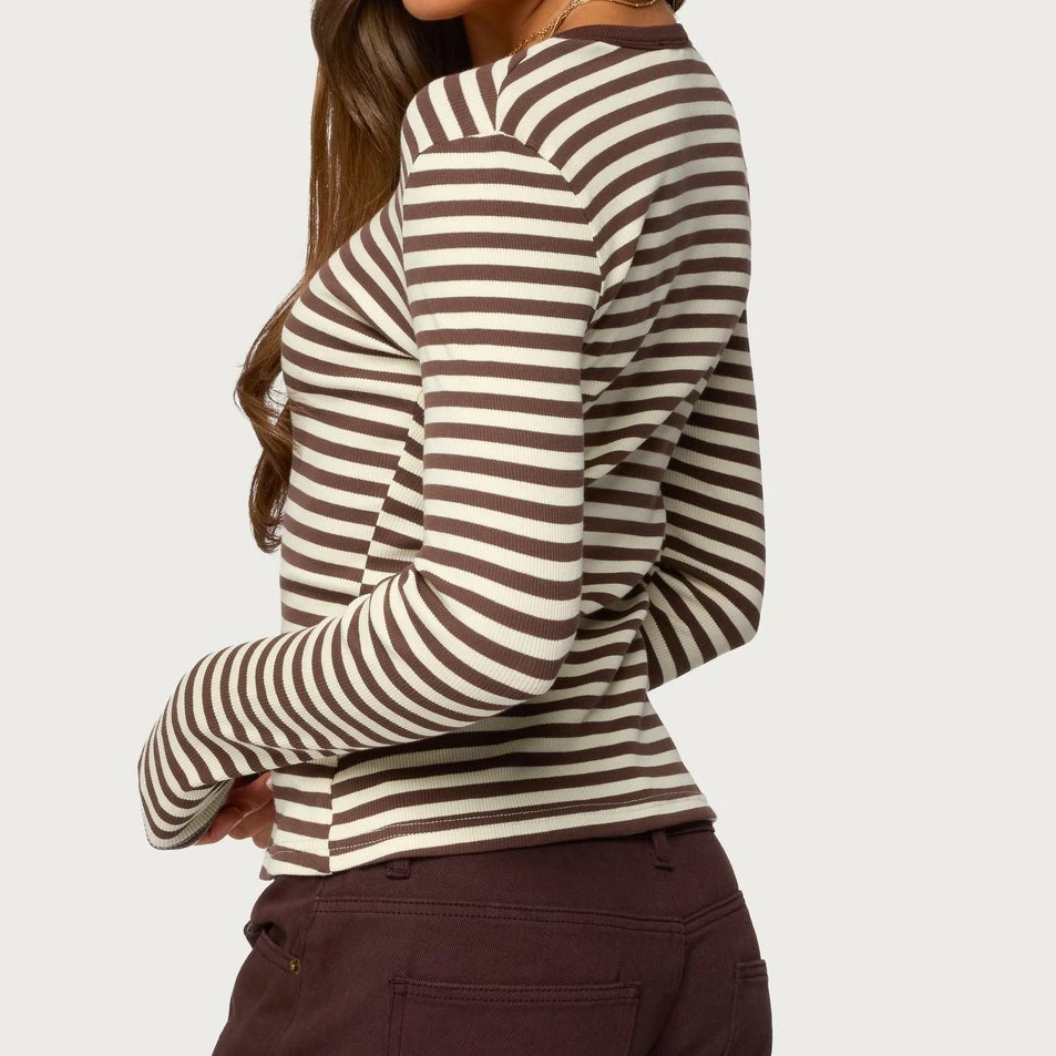 Damen-Hemden, lässig, langärmelig, braun-weiß gestreift, T-Shirts mit Knopfleiste vorne, leichte Herbst-Tops, klassische Passform, Henley-Hemden