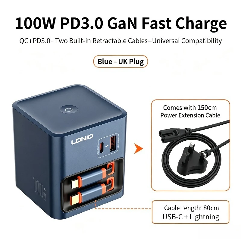 Global universal 35W65W100W gallium nitride self-contained telescopic cable typec fast charging charger