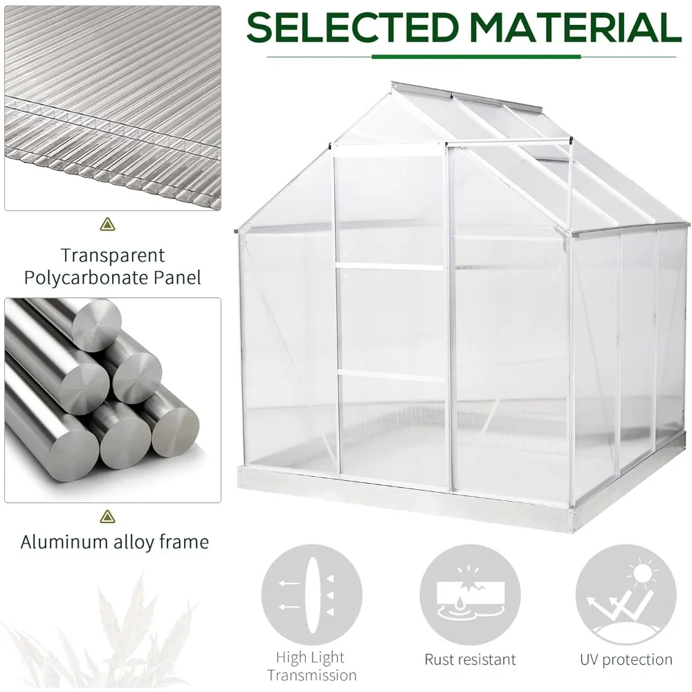 

6' x 6' Hobby Greenhouse, Walk-in Polycarbonate Hot House Kit with Aluminum Frame, Sliding Door, Roof Vent, Silver