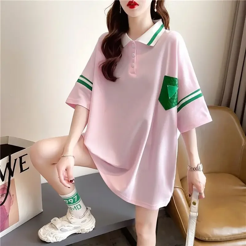 DAYIFUN Lapel Short Sleeve T-shirts Women 2024 Summer New Contrast Panel Design Tshirts Loose Versatile Casual Mid Length Tops