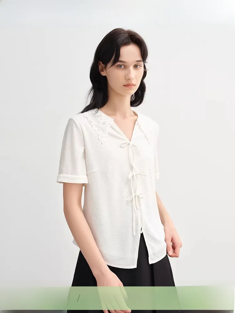 

Женская блузка большого размера с воротником-стойкой, кружевными вставками, модная летняя новинка, для офиса, цельная, для фигуры типа «груша»