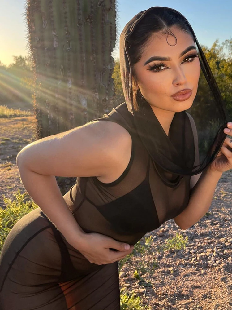 แฟชั่นแขนกุดHoodedตาข่ายชุดยาวสําหรับผู้หญิง2025สีดําดูผ่านBoho Cover Up Dress Beach Holiday Party Robeสุภาพสตรี