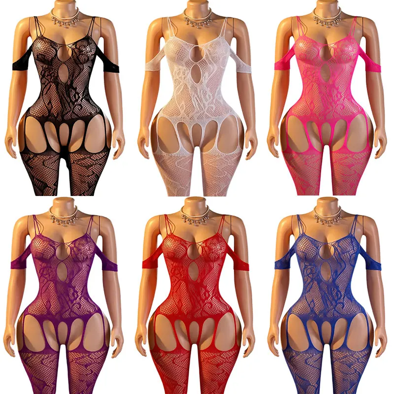 Sexy Fishing Net Lingerie Erotic Crotchless Body Stockings Lace Constraints Sex Pajamas Garter Black Pantyhose Exotic Underwear