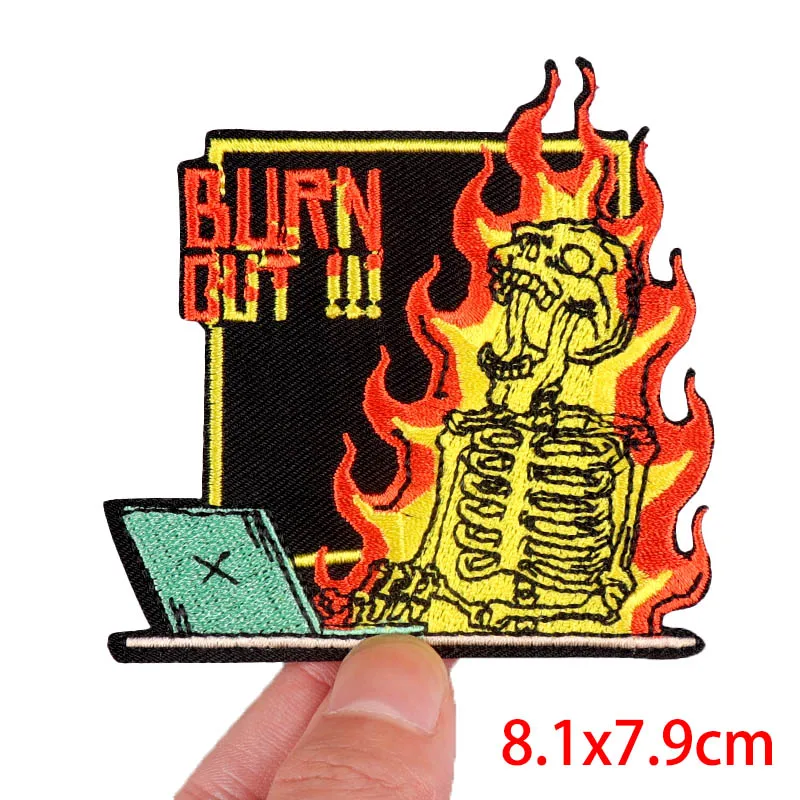 Punk/Fire Embroidery Patch Skull Patch Iron On Patches For Clothing Thermoadhesive Patches On Clothes Tarot Embroidered Sticker