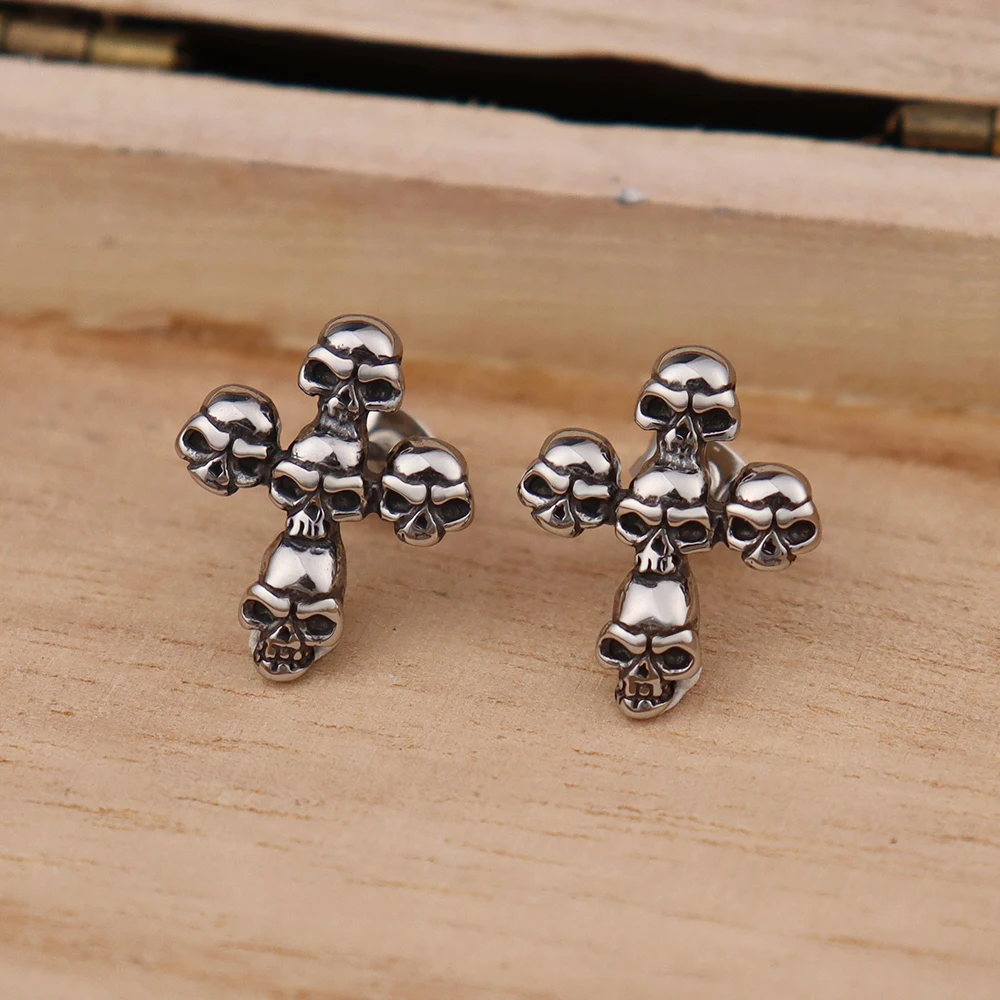 Vintage Cross Skull Stud Earring Never Fade Gothic Stainless Steel Earrings for Women 2024 Creative Halloween Jewelry Wholesale