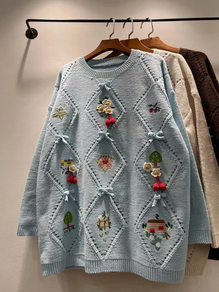 

Осень-зима женский длинный све вышитый круглый трикотаж Ne средней длины Sweet Sle свободного покроя тепла Musial