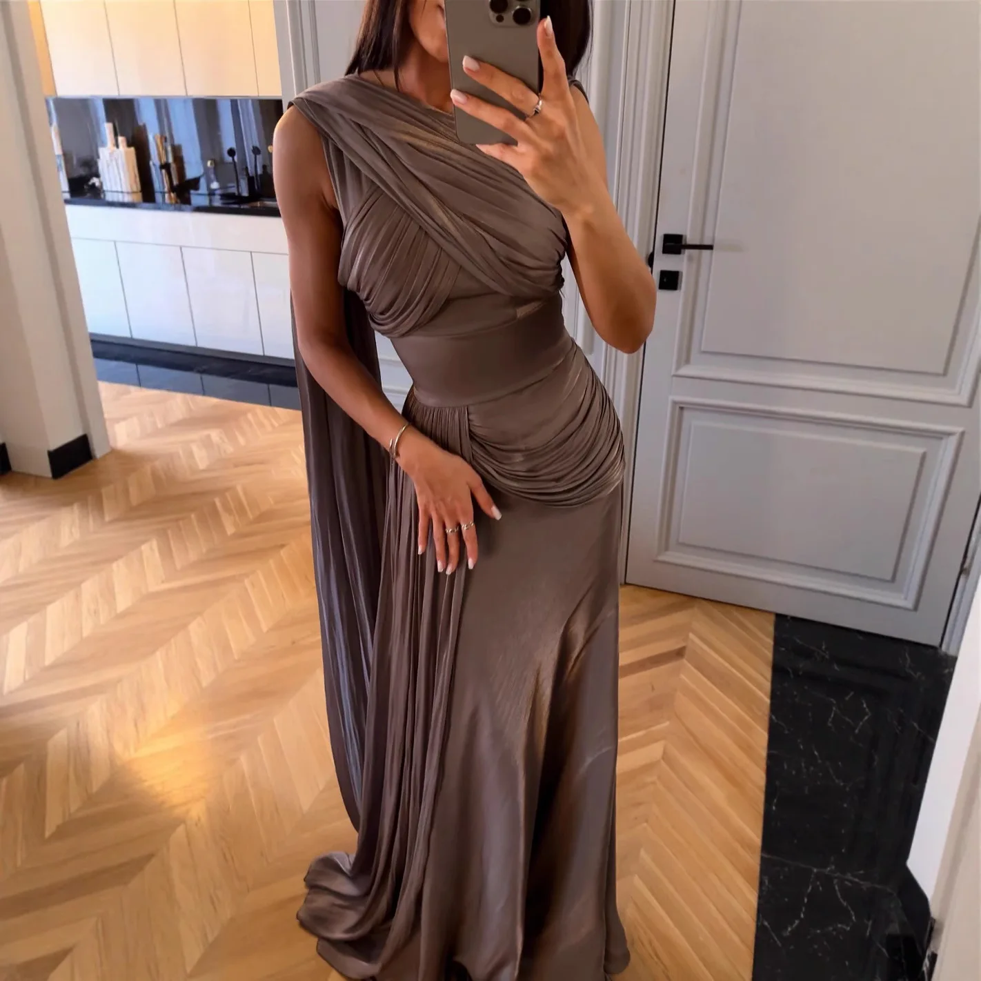 Wein Lady Female Folded Ribbon Satin Evening Dress Casual grey Party Formal Women Solid Evening Vestidos Elegantes Para Mujer