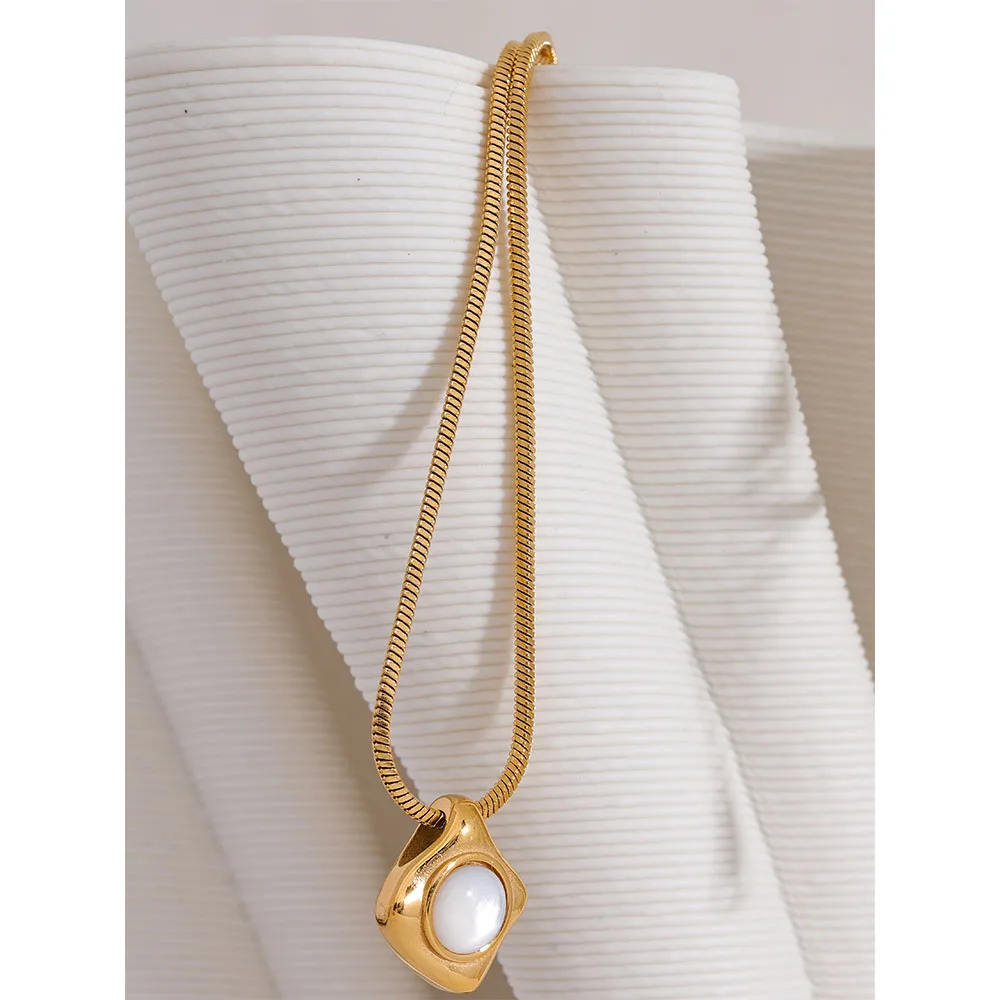 Yhpup Stainless Steel Shell Square Necklace Pendant for Women 18K Gold Color PVD Plated Popular Collar Jewelry