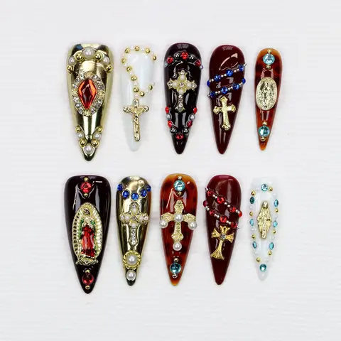 10 st. specialdesignade lyxiga långa stiletto-pressnaglar, kromguldkors Jungfru Maria nagelkonst katolska handmålade naglar 10 best sales designer press-on naglar - №7
