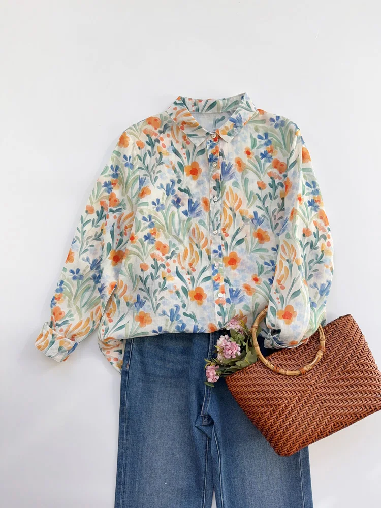 

Fre Floral Cotton Linen Long Sve Women's irt Casual Base Layer Slimming Boting Top for Spring Commute Wear