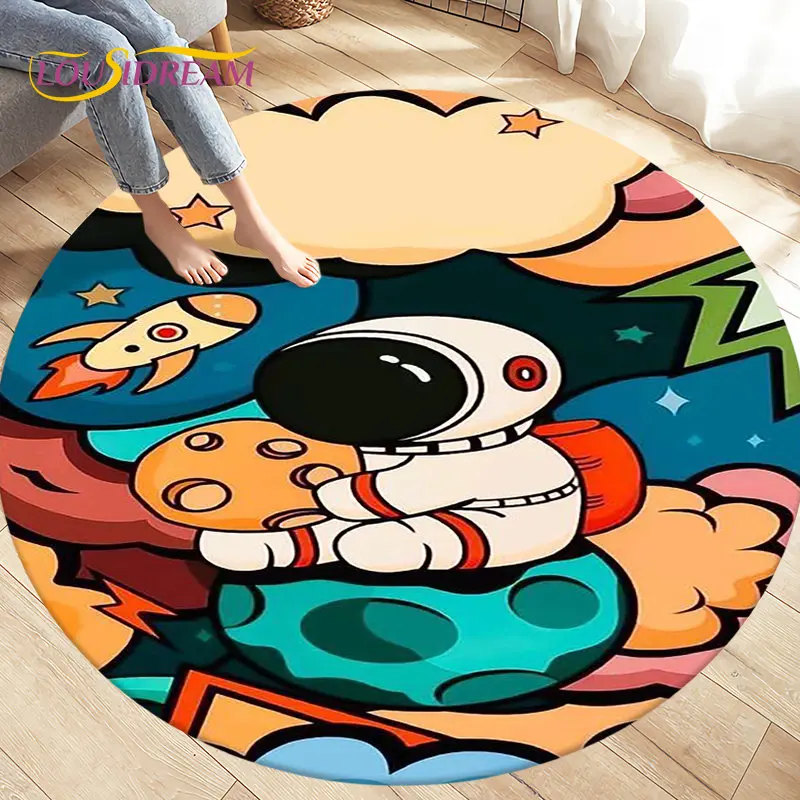 Cartoon Space Astronaut Round Rug Carpet Rug for Living Room Bedroom Sofa Decoration Kids Play Crawl Soft Floor Mat Crawling Mat