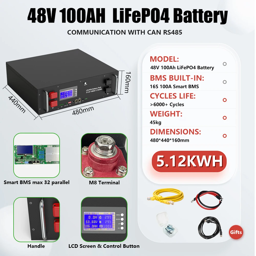 48V 300Ah LiFePO4 Batterij 15KW Bluetooth 16S 200A BMS 51.2V 100Ah150Ah 200Ah 6000+ Cycli Graad A Nieuwe Cellen CAN/RS485 EU Geen Belasting
