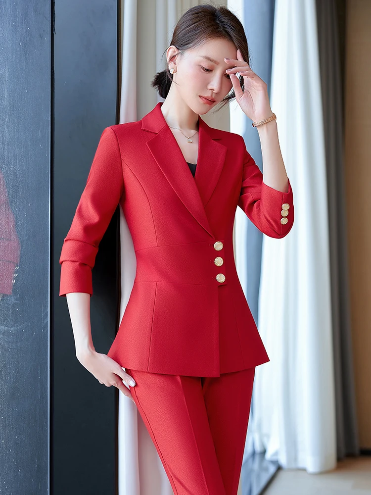 High Quality Fashion Red Navy Black Ladies Pant Suit Women Female Work Wear Formal Jacket Blazer and Trouser 2 Piece Set