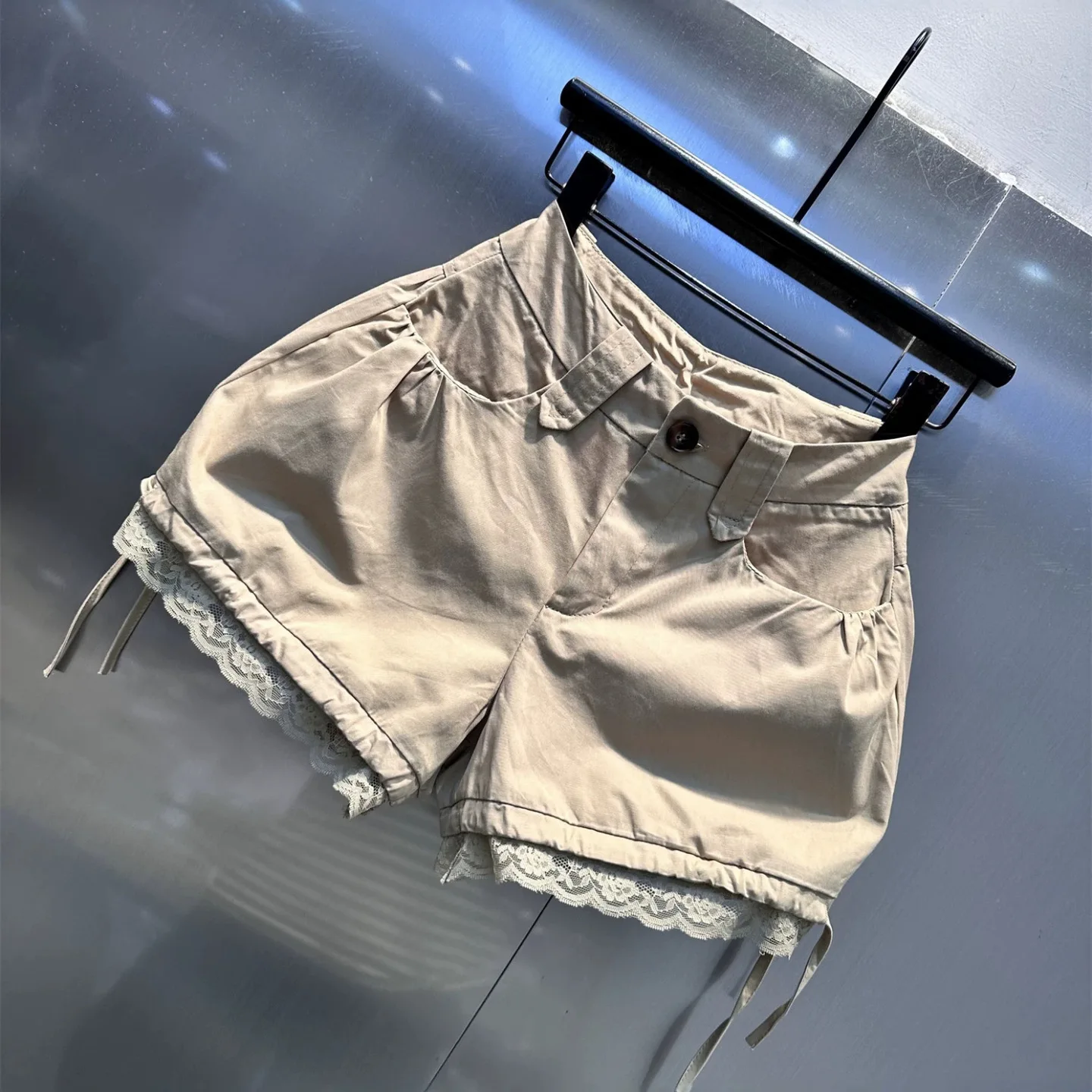 Khaki Lace Splicing Casual Bud Shorts Women's Summer New Spice Girls Loose and Thin Wide-leg Pants