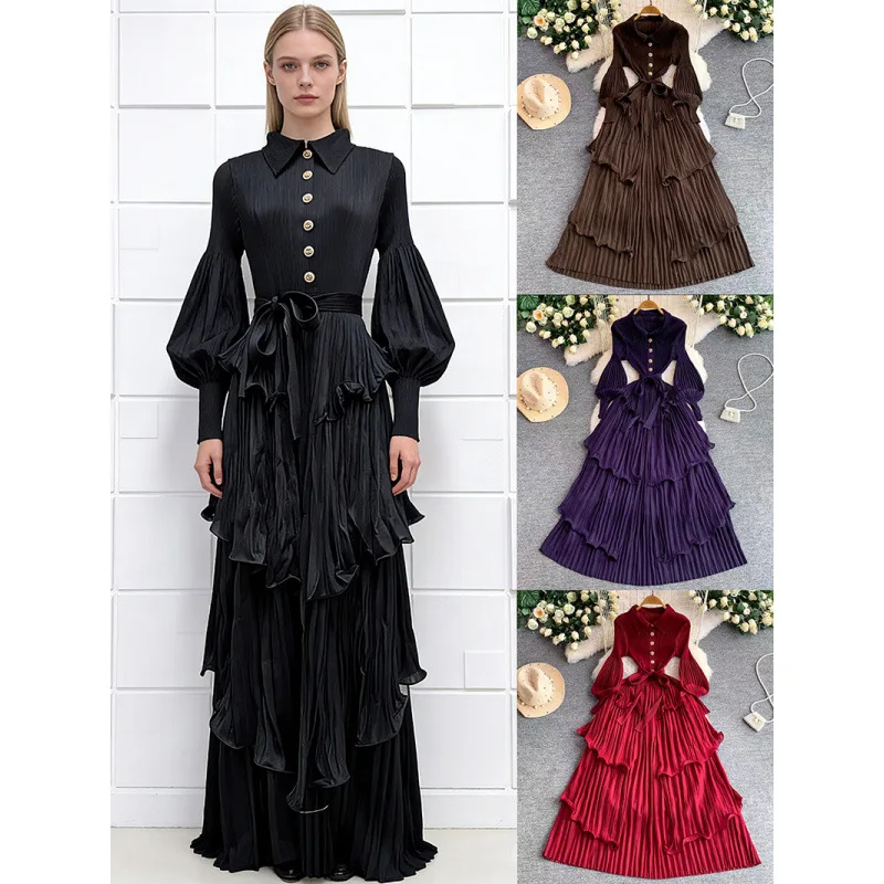 

Miyake Heavy Industries Fungus Edge Lapel Lantern Sleeve Pleated Cake Skirt Strap Waist Button Dress Women's Clothing 2026 New