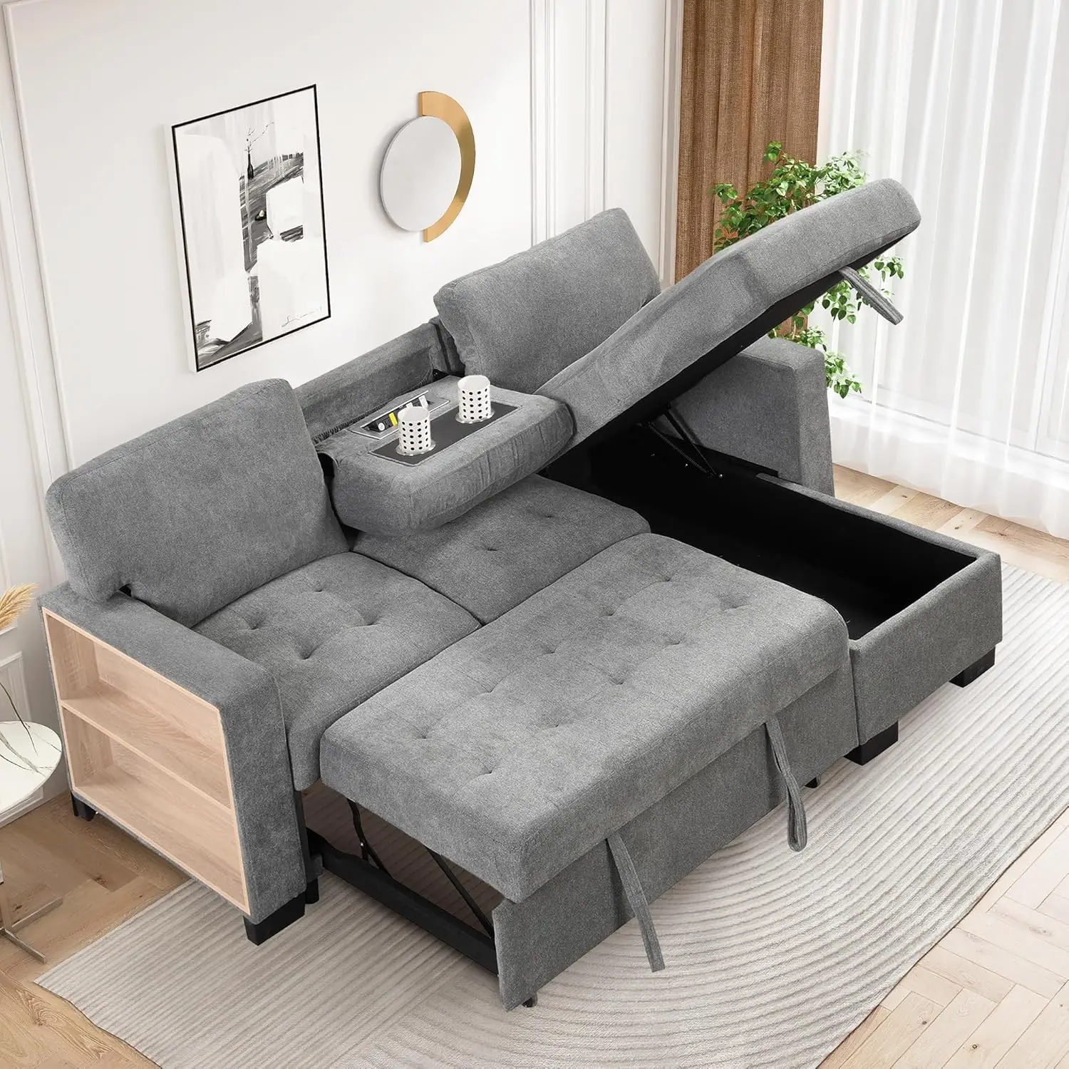 

Sectional Sofa with Pull-Out Bed, Storage Chaise & Rack, Drop Down Table w/2 Cup Holders & USB Charging Station, Corner 3 Person