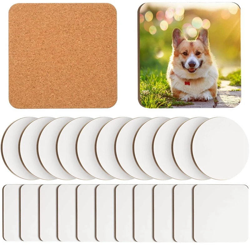 24 Pcs Sublimation Coasters 4 X 4Inch Hardboard Coaster Cork And MDF Blank Sublimation Car Coasters (Round,Square) Easy To Use