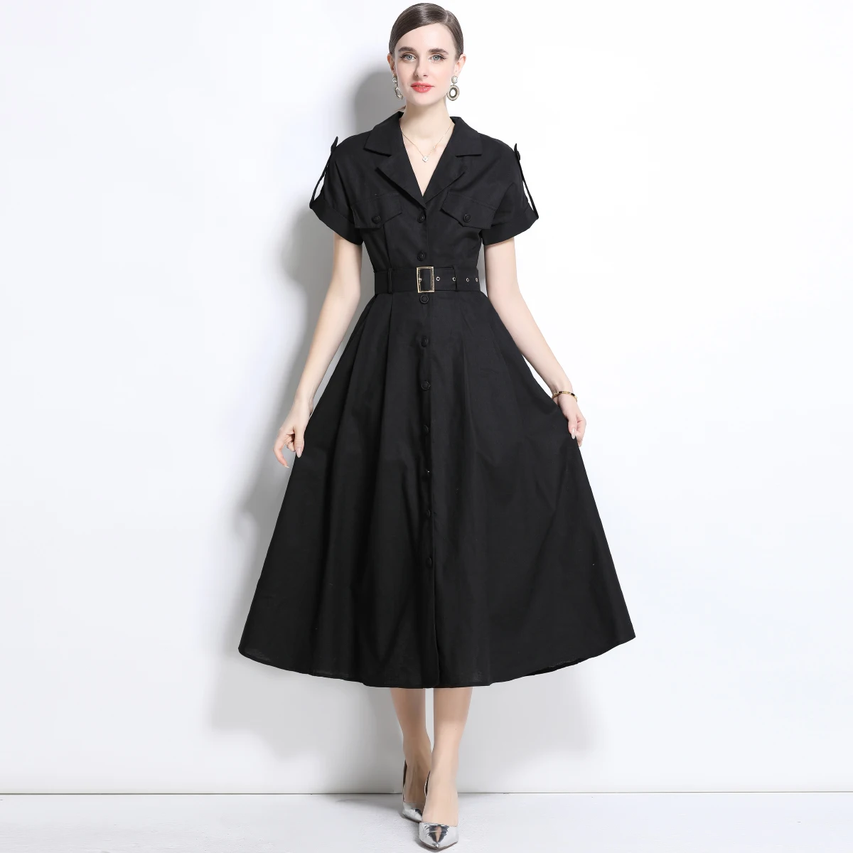 Vestido Midi de Aodão e Linho com Efeito Emaecedor para Mulheres, Estilo Casual de Negócios, Fechamento com Um Botão