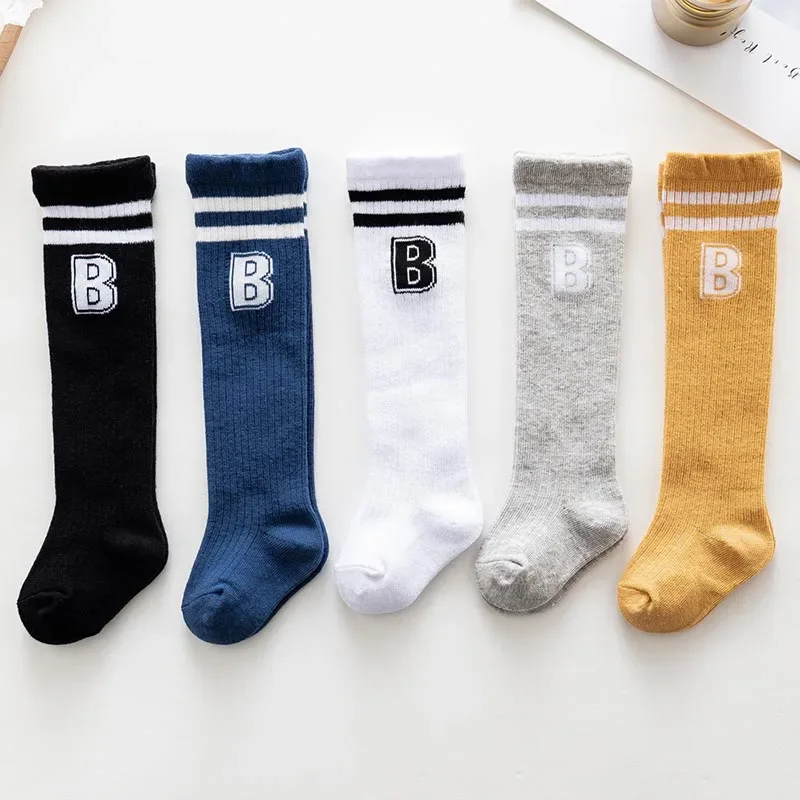 Solid Color Stripe Baby Long Socks Classic Letter Knee High Sock for Infant Boy Girl Spring Autumn Stockings