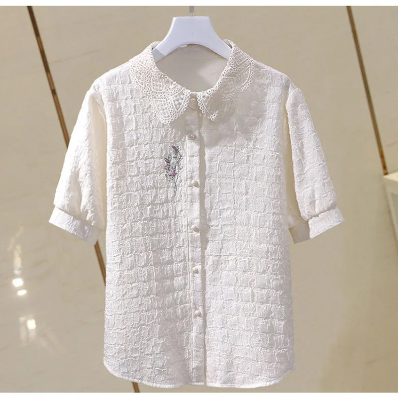 Spring And Summer New Fashion Loose Lace Stitching Chiffon hirt Short Sleeve POLO Collar Temperament Embroidered Seersucker Top