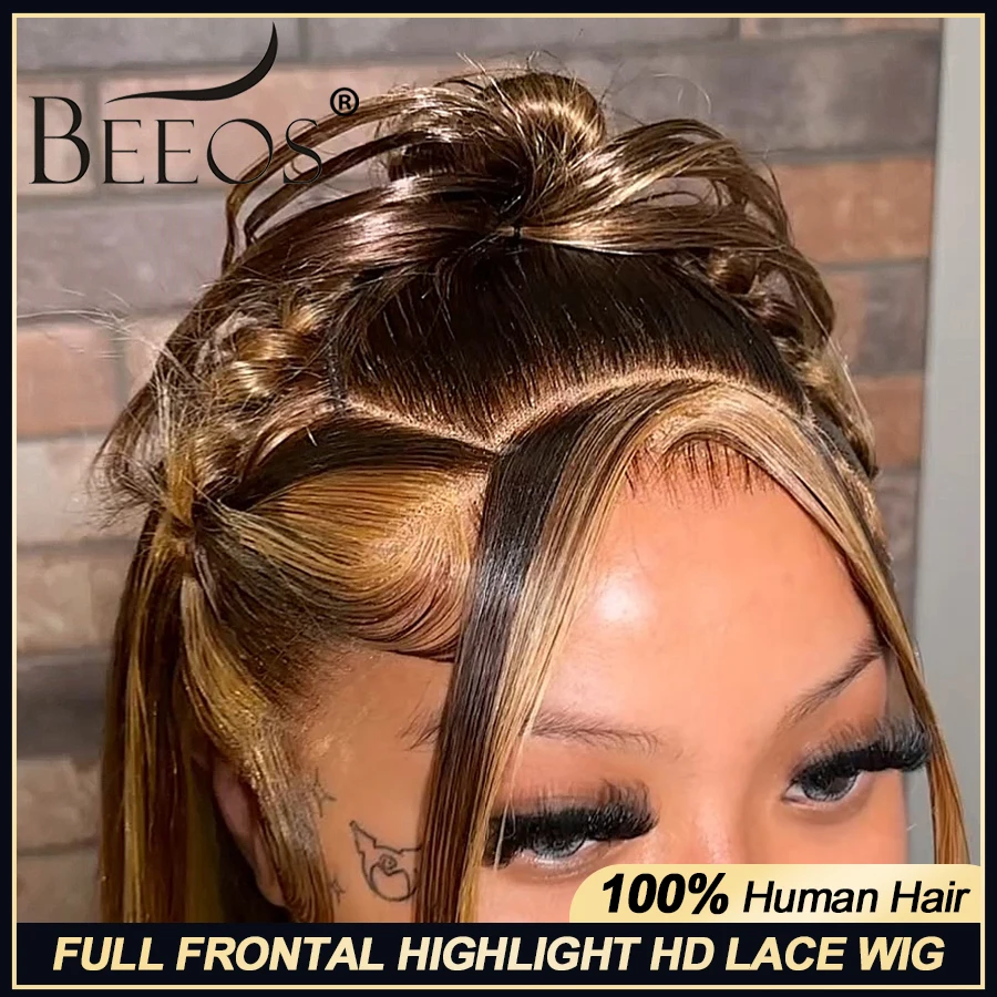 

BEEOS 34in Honey Blonde Highlight 13x6 Full frontal HD Lace Wigs Straight Bleached 5x5 HD Lace Closure Wigs 100% Wigs For Women