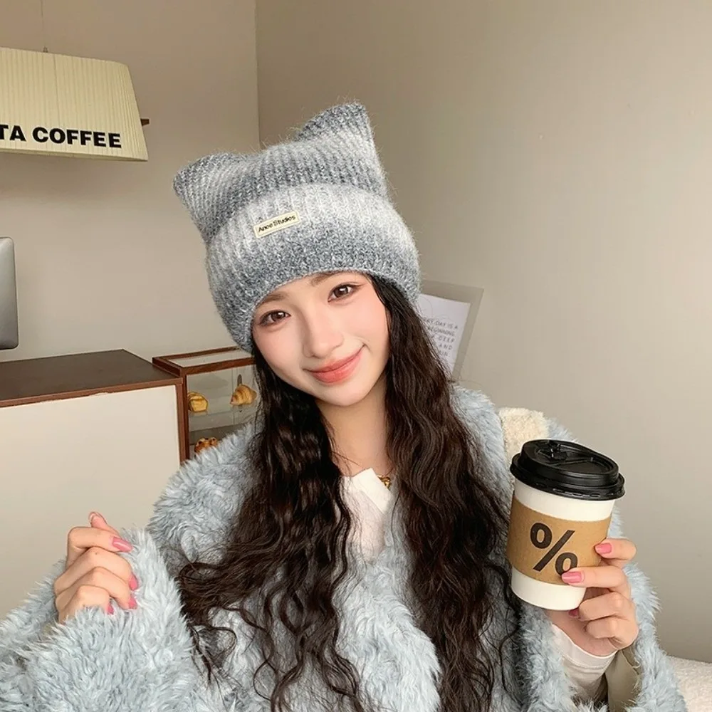 Polyester Knitted Beanie Hat Thick Knit 56cm To 58cm Head Circumference Cat Ear Beanie Ear Protection Gradient Tie Dye