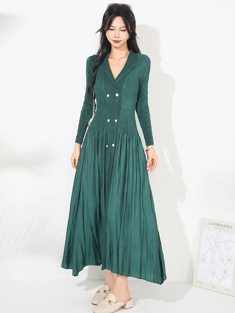 

Miyake Style Pleated Dress for Women 2025 Autumn New Style High-end Waist Elegant Suit Collar French Commuting Long Skirt